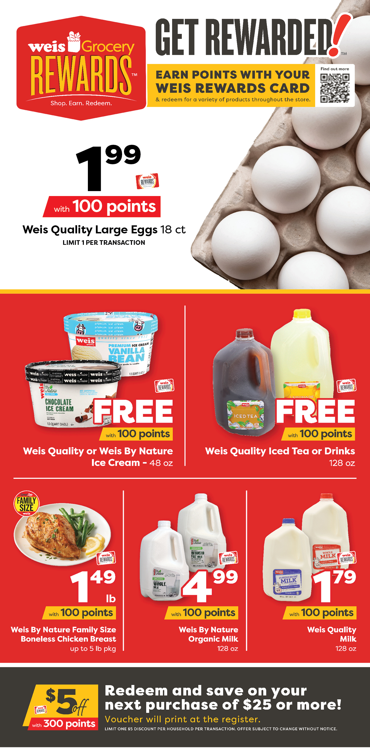 Weis Grocery Rewards. Earn points with your Weis Rewards card and redeem for a variety of products throughout the store. Weis Quality Large Eggs, 18 count, $1.99 with 100 points. Weis Quality or Weis By Nature Ice Cream, 48 ounce, FREE with 100 points. Weis Quality Iced Tea or Drinks, 128 ounce, FREE with 100 points. Weis By Nature Family Size Boneless Chicken Breast, up to 5 pound package, $1.49 per pound with 100 points. Weis By Nature Organic Milk, 128 ounce, $4.99 with 100 points. Weis Quality Milk, 128 ounce, $1.79 with 100 points. $5 off $25 or more with 300 points. Redeem and save on your next purchase of $25 or more! Voucher will print at the register. Limit one $5 discount per household per transaction. Offer subject to change without notice.