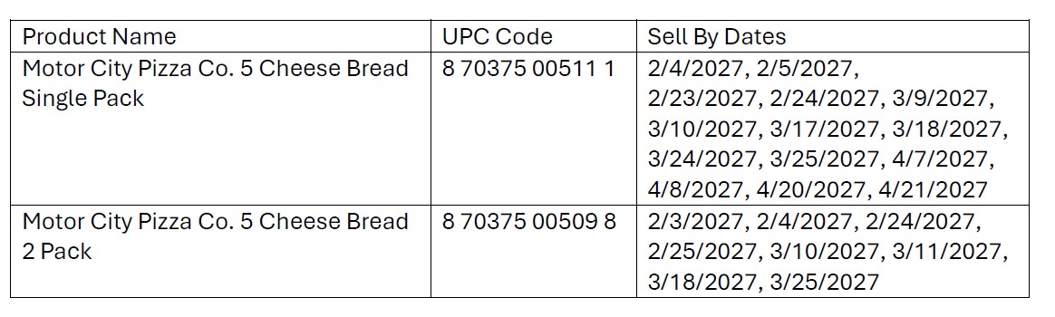 Champion Foods 5 Cheese Bread Recall UPC Codes and Sell By Dates